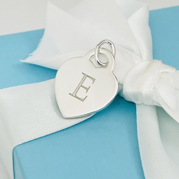 Tiffany Silver Letter E Alphabet Initial Heart Notes Engraved Charm Pendant